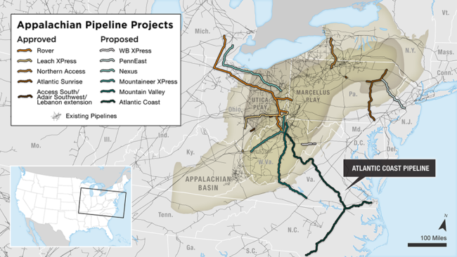 Appalachian Pipeline Projects Source: Energy company filings (shapefile), Energy Information Administration

Credit: Leanne Abraham, Alyson Hurt and Katie Park/NPR July 13, 2017
